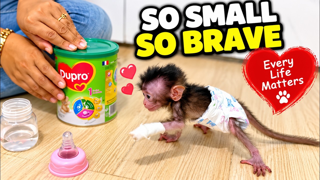 A caregiver holds a container of baby formula beside a fragile, diapered baby monkey on a tile floor