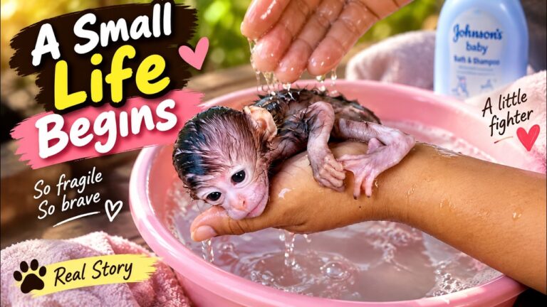 Tiny Baby Monkey’s First Bath 🐒🛁❤️ | So Small, So Brave!